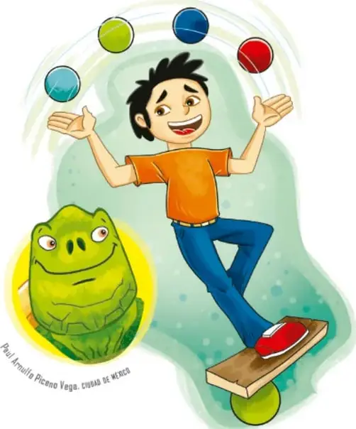 Ilustración de una tortuga gigante verde sonriente junto a una tortuguita pequeña con líneas de sorpresa; crédito: Paul Arnulfo Piceno Vega, Ciudad de México.
