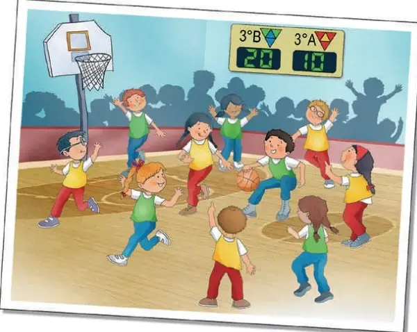 Ilustración de un partido de básquetbol infantil en el gimnasio; se ve el tablero con el marcador 3° B = 20 y 3° A = 10, y niños y niñas jugando animados.