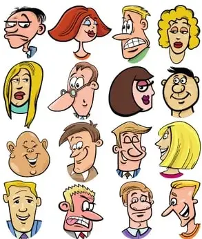 Collage de 12 caras caricaturizadas mostrando diferentes expresiones faciales.