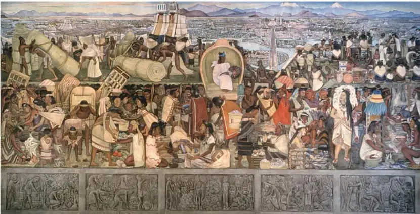 Mural de Diego Rivera que representa la historia y la vida cotidiana de México, con personajes, mercados y paisajes.