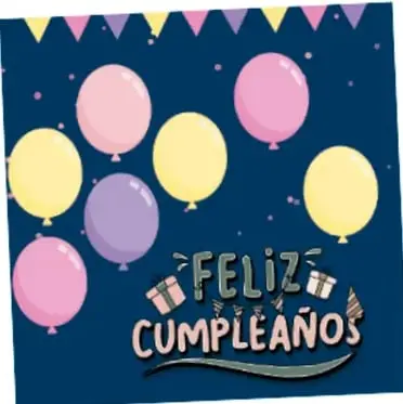 Ilustración de globos de colores y banderines con el texto '¡Feliz cumpleaños!' sobre fondo azul.
