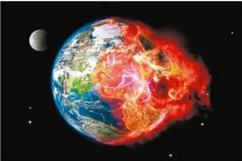 Ilustración de la Tierra con una mitad cubierta de fuego y la Luna al fondo, representando el calentamiento global.