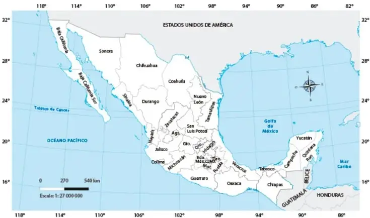 Mapa político de México con estados, ríos, mares, rosa de los vientos, barra de escala 0-270-540 km, escala 1:27 000 000 y cuadrícula de coordenadas de 118° a 82° longitud oeste y 32° a 16° latitud norte.