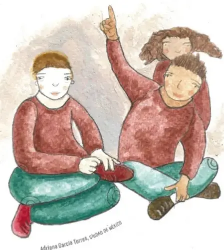 Ilustración de tres niños sentados en el suelo jugando; uno de ellos levanta la mano. Al pie se lee 'Adriana García Torres, Ciudad de México'.