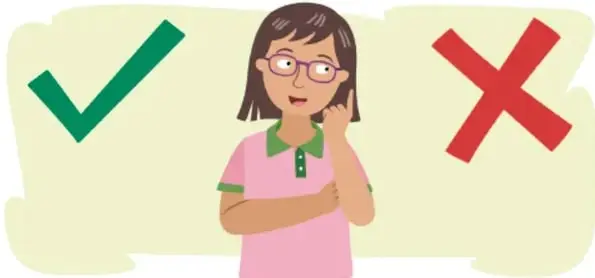 Ilustración de una estudiante con lentes, entre una palomita verde grande (✔) a la izquierda y una equis roja grande (✖) a la derecha, sobre fondo amarillo claro. Crédito: Herenia González Zúñiga, Ciudad de México.