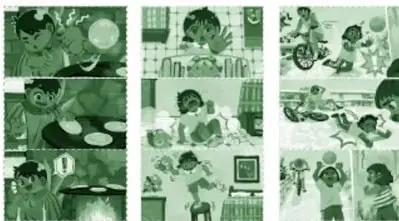 Tres columnas de tarjetas 'Me cuido' con tres viñetas ilustradas cada una: la izquierda muestra escenas con un clavo u objeto punzante y una ventana; la centro, un niño ante estantes y muebles; la derecha, situaciones de riesgo en la calle (niños corriendo). Las viñetas se ordenan para narrar la situación de riesgo y su prevención.