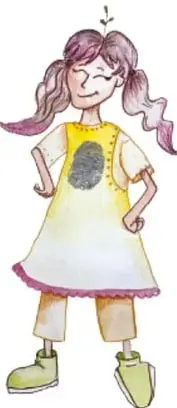 Dibujo de una niña sonriente con coletas moradas, vestido amarillo y pantalones claros, que se observa a sí misma con confianza.