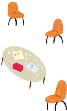 Ilustración de sillas naranjas alrededor de una mesa con hojas y lápices, que representa el trabajo colectivo.