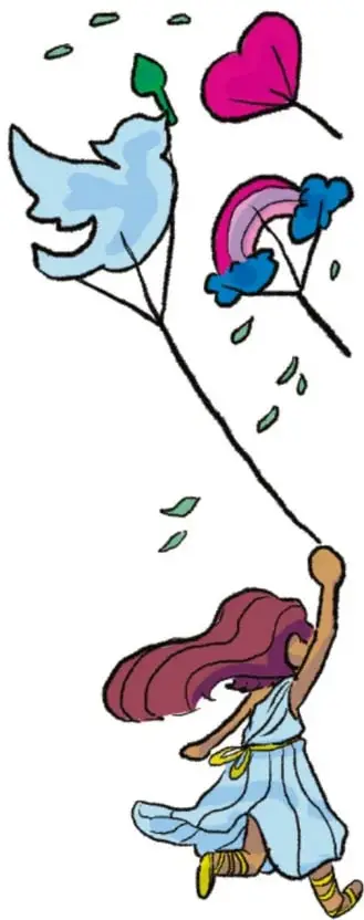 Ilustración de una niña que vuela cometas con forma de paloma, corazón y arcoíris; crédito: Damián Caballero, Nuevo León.