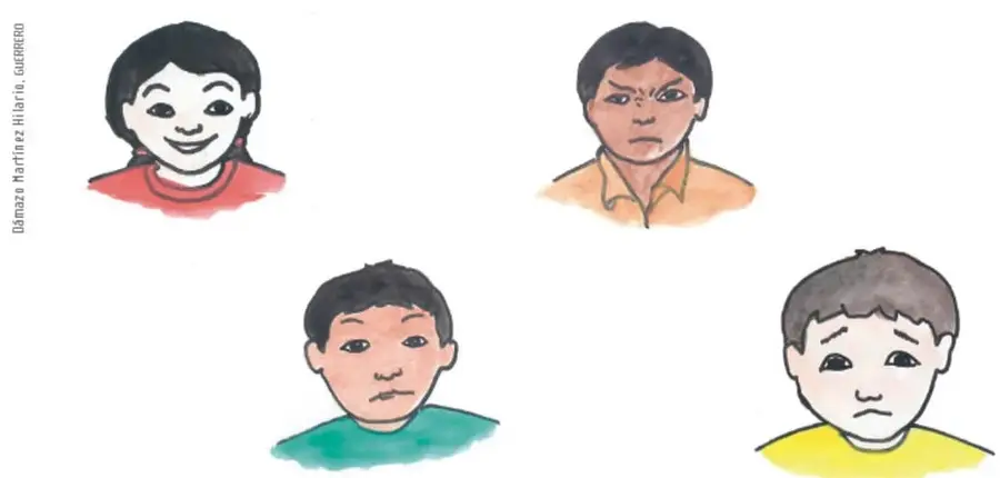 Cuatro retratos infantiles dibujados a mano: una niña sonriente con blusa roja, un niño enojado con camisa naranja, un niño serio con playera verde y un niño triste con playera amarilla.