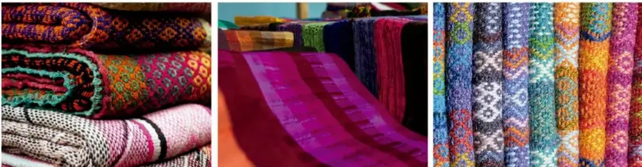Tres fotografías de telas y prendas de colores: textiles tejidos doblados, telas moradas y rosas, y tejidos con patrones geométricos de colores vivos, bajo el encabezado 'Materiales textiles'.