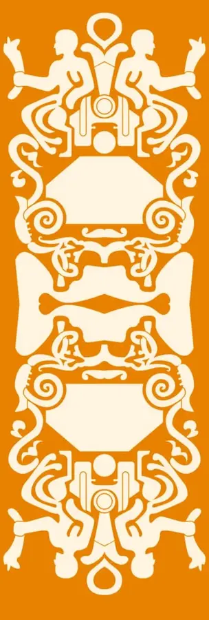 Ilustración vertical de fondo naranja con siluetas en crema dispuestas simétricamente: figuras humanas estilizadas con los brazos extendidos, formas geométricas y espirales, evocando arte mesoamericano o indígena; representa el cuerpo humano en movimiento y la simetría del desarrollo equilibrado.