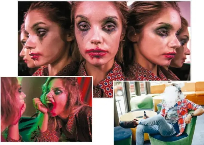 Collage de tres fotografías que muestran a una mujer joven con expresión de malestar y ojos oscurecidos, a dos personas en una escena de tensión y a un joven sentado con aspecto de consumo de sustancias.