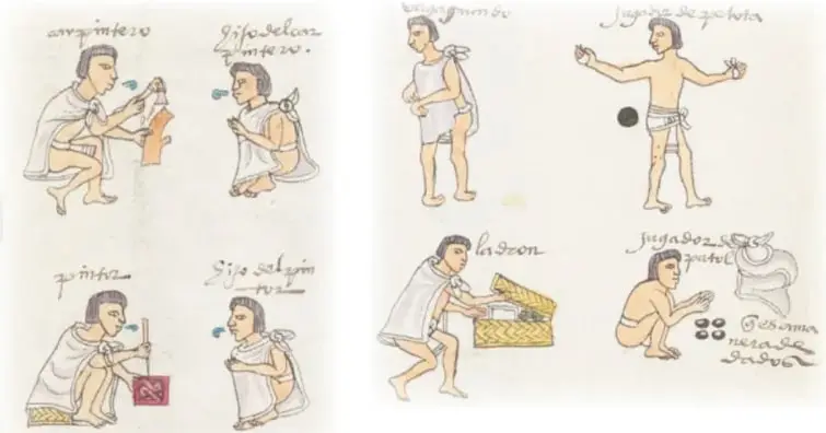 Escenas de códice en dos paneles: a la izquierda, dos mujeres sentadas dialogando con niñas; a la derecha, niños de pie realizando tareas o juegos, un adulto junto a una canasta y un niño agachado con objetos redondos; con leyendas en náhuatl.