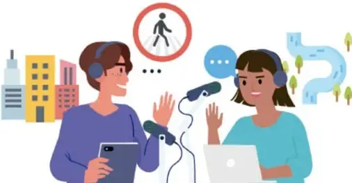 Ilustración de dos personas con audífonos y micrófonos difundiendo información ante edificios, señales de tránsito y una serpentina verde; crédito: Isar Emmanuel Díaz Rojas, Guanajuato.