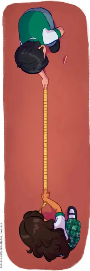 Ilustración de dos niñas midiendo con cinta métrica sobre una superficie roja.