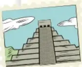 Ilustracion de una piramide prehispanica escalonada con nubes y un cielo azul, asociada al contexto de la leyenda.