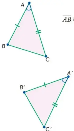 Par de triángulos $\Delta ABC$ y $\Delta A'B'C'$ con marcas de congruencia en dos lados y el ángulo comprendido, ilustrando el criterio L-A-L.
