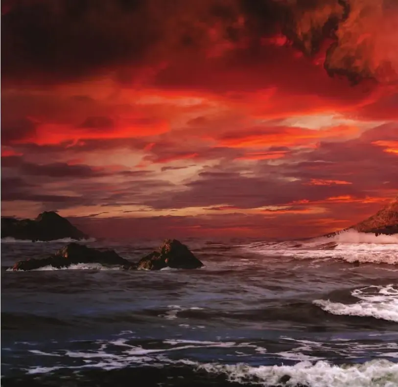 Imagen de un paisaje marino con cielo rojizo y una erupción volcánica, relacionada con el estudio del vulcanismo y los fenómenos geológicos.