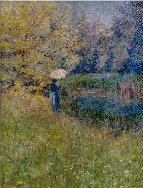 Pintura puntillista Mujer en un paisaje (1890-1892) de Anna Bach: figura femenina con sombrilla junto a un río o lago, rodeada de vegetación.