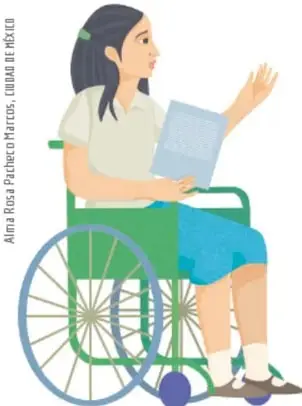 Ilustración de una estudiante en silla de ruedas leyendo un documento, con crédito 'Alma Rosa Pacheco Marcos, CIUDAD DE MÉXICO'.