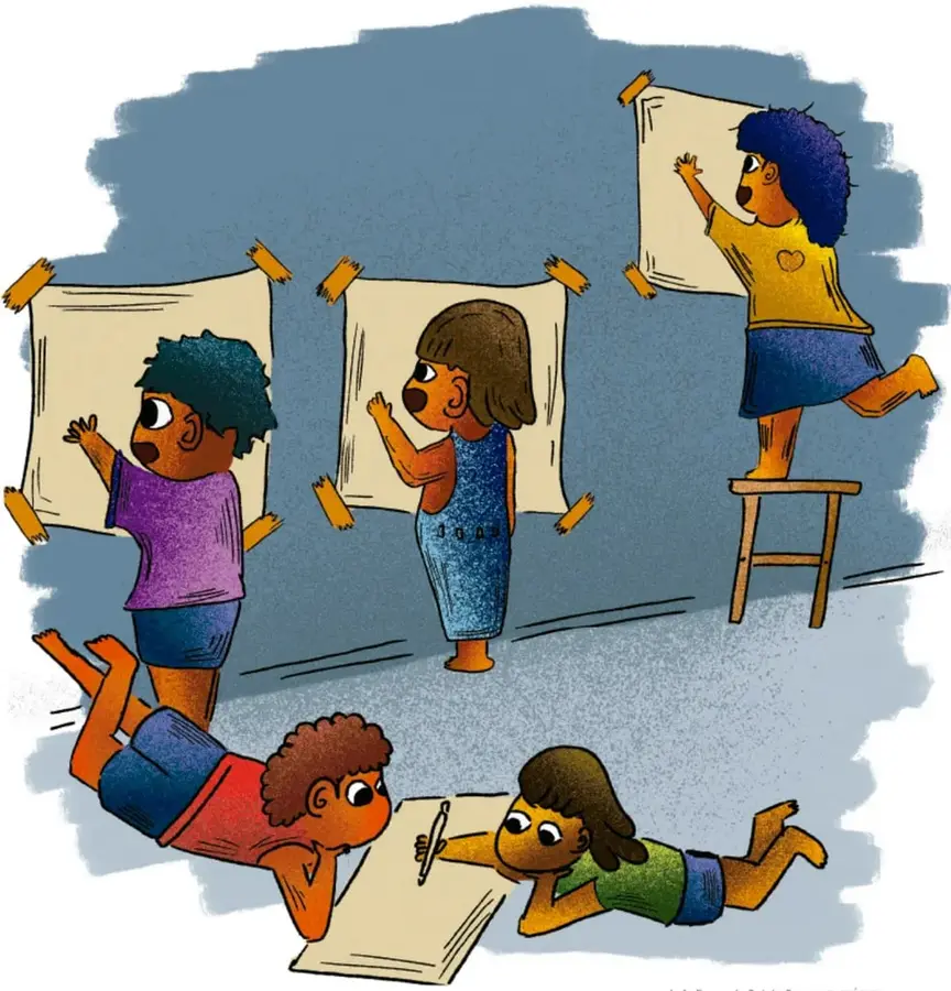 Ilustración de cinco estudiantes en un aula: dos recostados en el piso dibujando sobre una hoja, uno de pie pegando un dibujo, una estudiante sobre un banco pegando su trabajo y otra de pie observando; todos colocan dibujos en un muro azul con cinta adhesiva.