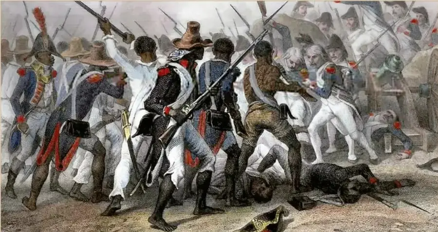Ilustración coloreada de Auguste Raffet titulada 'Batalla de Crête-à-Pierrot (Haití, 1802)', que muestra a soldados afrodescendientes combatiendo con fusiles y bayonetas contra soldados europeos en un campo de batalla, con cuerpos caídos en el suelo.