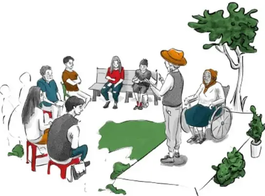 Ilustración de una comunidad reunida al aire libre: personas sentadas en círculo, una mujer en silla de ruedas, un hombre con sombrero de paja hablando, un árbol y arbustos. Crédito: Jesica Colín Olivares, Estado de México.