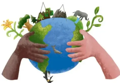 Ilustración de dos manos sosteniendo un planeta Tierra con vegetación y animales, símbolo del cuidado del ecosistema (crédito: Armando Amezcua Mora, Guanajuato).