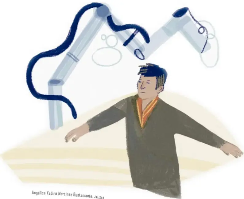 Ilustración de un hombre joven de perfil, con el cráneo rasurado, brazos extendidos y expresión serena, frente a un brazo robótico articulado de color azul que se curva sobre él. Al pie: 'Angelica Yadira Martínez Bustamante, JALISCO'.