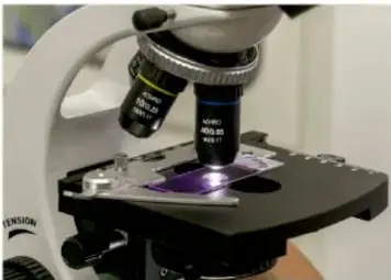 Fotografía de un microscopio sobre una mesa, ilustrando los instrumentos de medición en la ciencia.