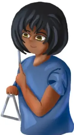 Ilustración de una persona con cabello crespo, camiseta naranja y pantalón azul, sentada en posición de meditación (loto) con ojos cerrados.