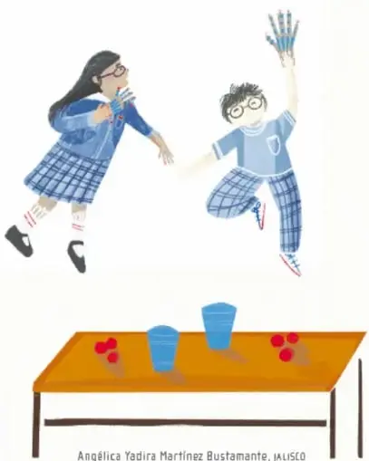 Dos niñas y niños saltan; uno levanta una Mano robótica azul de dedos articulados. Ilustración de Angélica Yadira Martínez Bustamante, Jalisco.