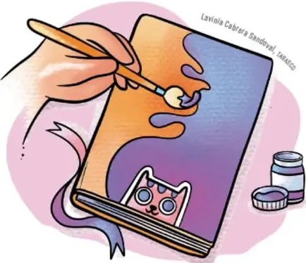 Manos escribiendo en un libro abierto con la frase 'Había una' y un dibujo de gato.