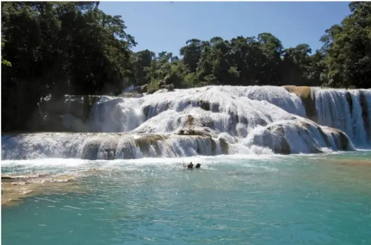 Fotografía de una cascada con agua turquesa rodeada de vegetación, que representa una fuente natural de agua.