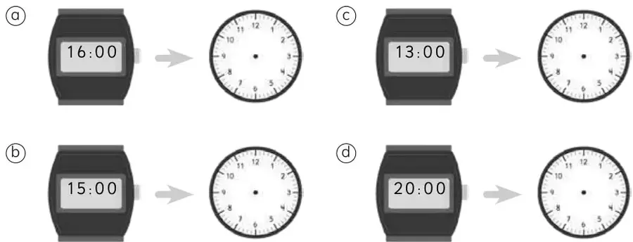 Cuatro pares de reloj digital y reloj análogo en blanco para completar: 16:00, 15:00, 13:00 y 20:00.