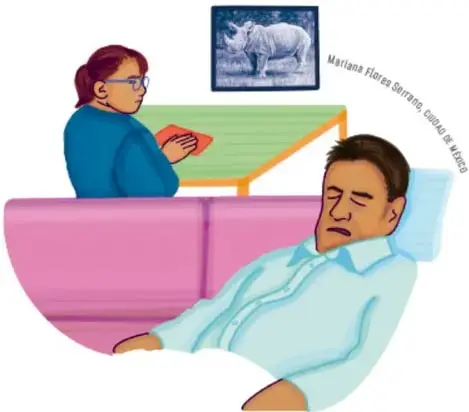 Ilustración de una mujer sentada en un sillón leyendo un libro y un hombre recostado viendo televisión, con un cuadro de un rinoceronte en la pared.