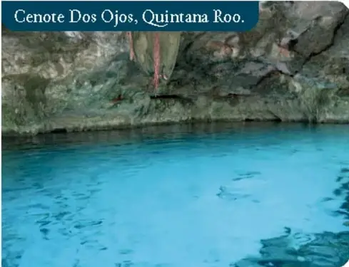 Cenote Dos Ojos, Quintana Roo, con agua turquesa y formaciones rocosas.