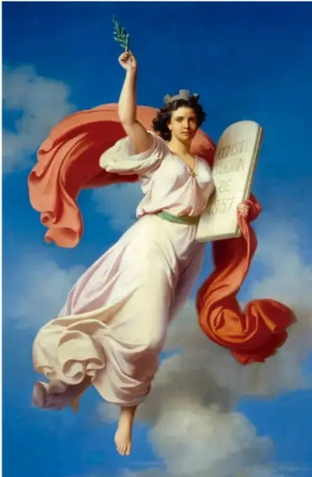 Pintura alegórica de una mujer joven con túnica blanca y manto rojo, que asciende entre nubes sosteniendo una rama de olivo y una tabla con la inscripción 'CONSTITUCIÓN DE 1857'.