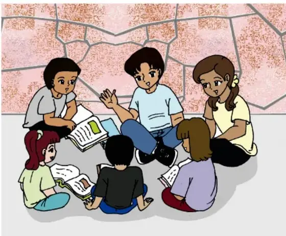 Ilustración de seis niños sentados en círculo sobre el piso revisando dibujos y libros álbumes; crédito: Irene Reyes Santiago, Estado de México.