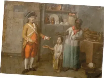 Pintura colonial de una escena cotidiana con un español, una indígena y un niño mestizo en un interior con objetos de barro.