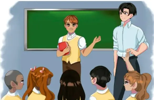 Ilustración de un aula con un estudiante de pie sosteniendo un libro rojo y un docente al lado, frente a un pizarrón verde; varios compañeros sentados escuchan.