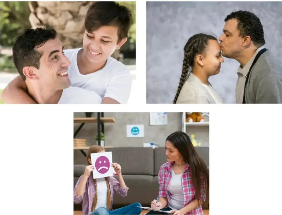 Adolescente dialogando y sonriendo junto a un adulto (padre o mentor), representando el diálogo con una persona de confianza.