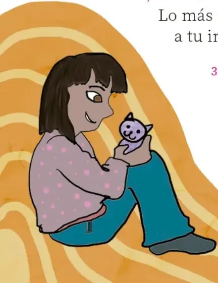 Ilustración de una niña sentada en el suelo sosteniendo una pequeña escultura morada con forma de animal.