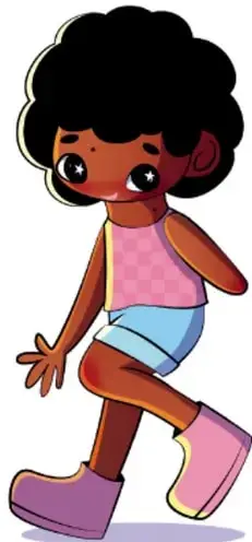 Ilustración de una niña de piel oscura con cabello afro, playera rosa, shorts azul y botas moradas, en actitud de caminar.