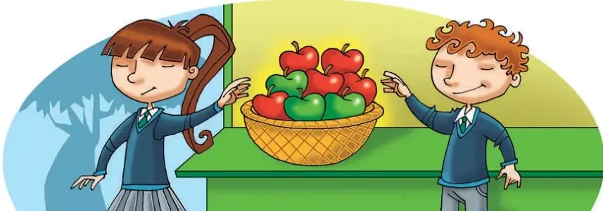 Ilustración de Carlos y Javiera, ambos con uniforme escolar, junto a un canasto sobre una mesa verde lleno de manzanas rojas y verdes. Los dos niños tienen los ojos cerrados y estiran la mano para sacar una manzana sin mirar.