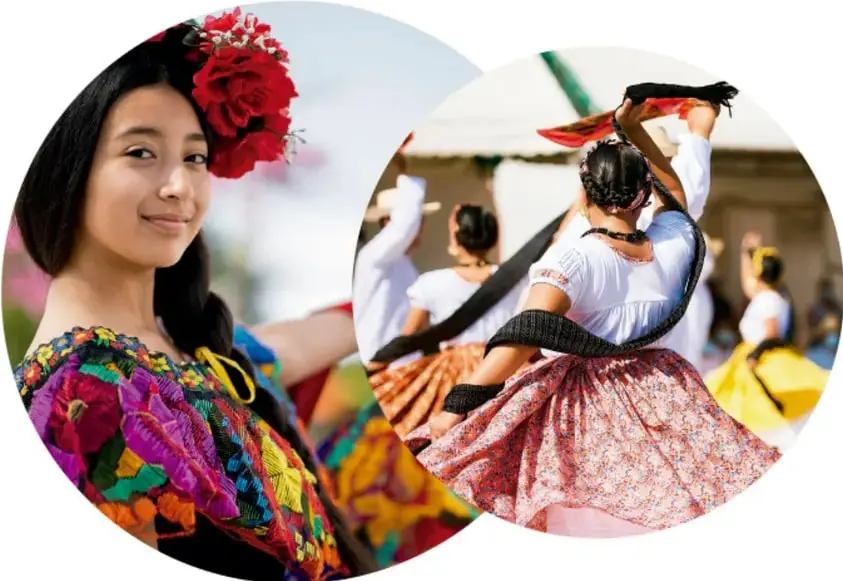 Retrato de una joven con vestimenta tradicional mexicana bordada y flores rojas en el cabello.