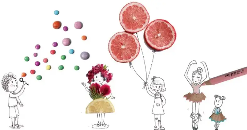 Ilustración de niños dibujados a mano: uno soplando pompas de jabón de colores, otro con falda de flores, una niña con globos con forma de rodajas de pomelo y dos bailarinas de ballet con un lápiz rojo gigante.