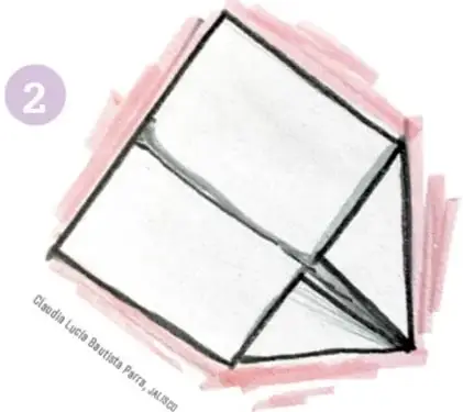 Hoja de papel con las dos esquinas superiores dobladas hacia el centro formando un triángulo.