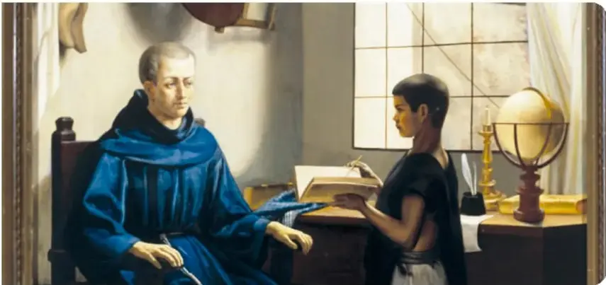 Pintura de un fraile franciscano leyendo un libro en un escritorio.